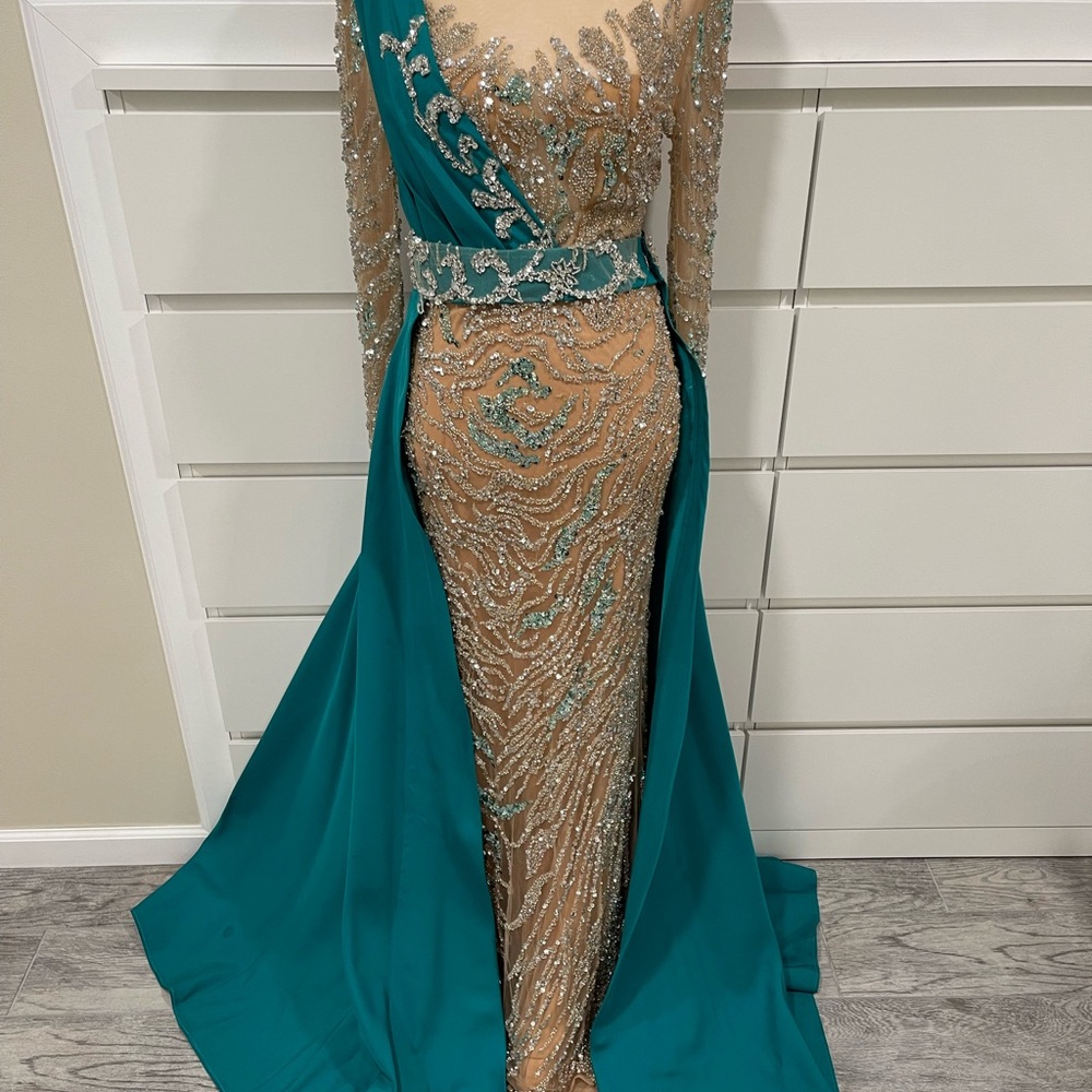 Custom Designed Elegant Teal and Silver Evening Gown